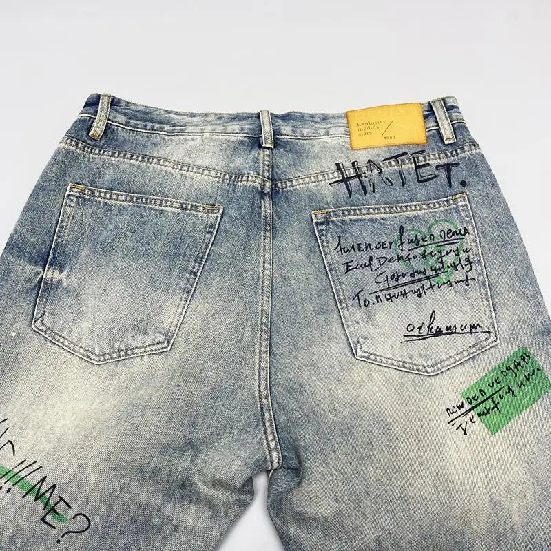 Men's Retro Print Straight Jeans - Loose Fit Hip-Hop