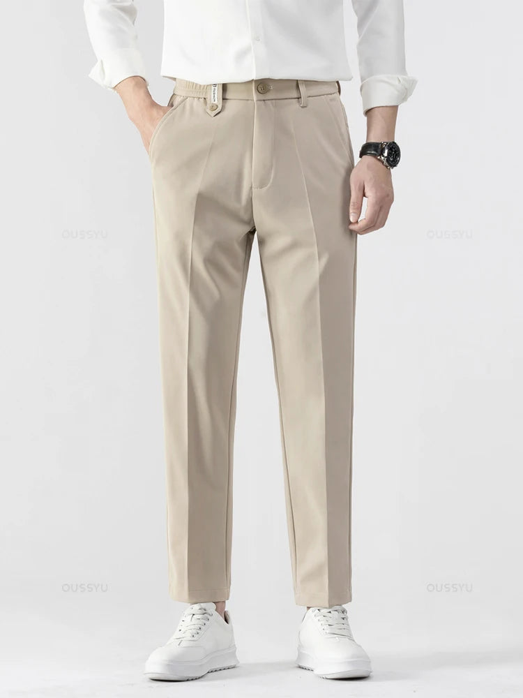 Men's Ankle-Length Straight Leg Trousers | Elastic Waist | Sash Detail | Midweight | All Season | Smart Casual