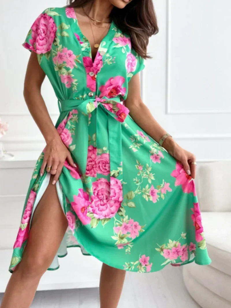 Women's Elegant V-neck Button Belt   Flower Print Short Sleeved Dress