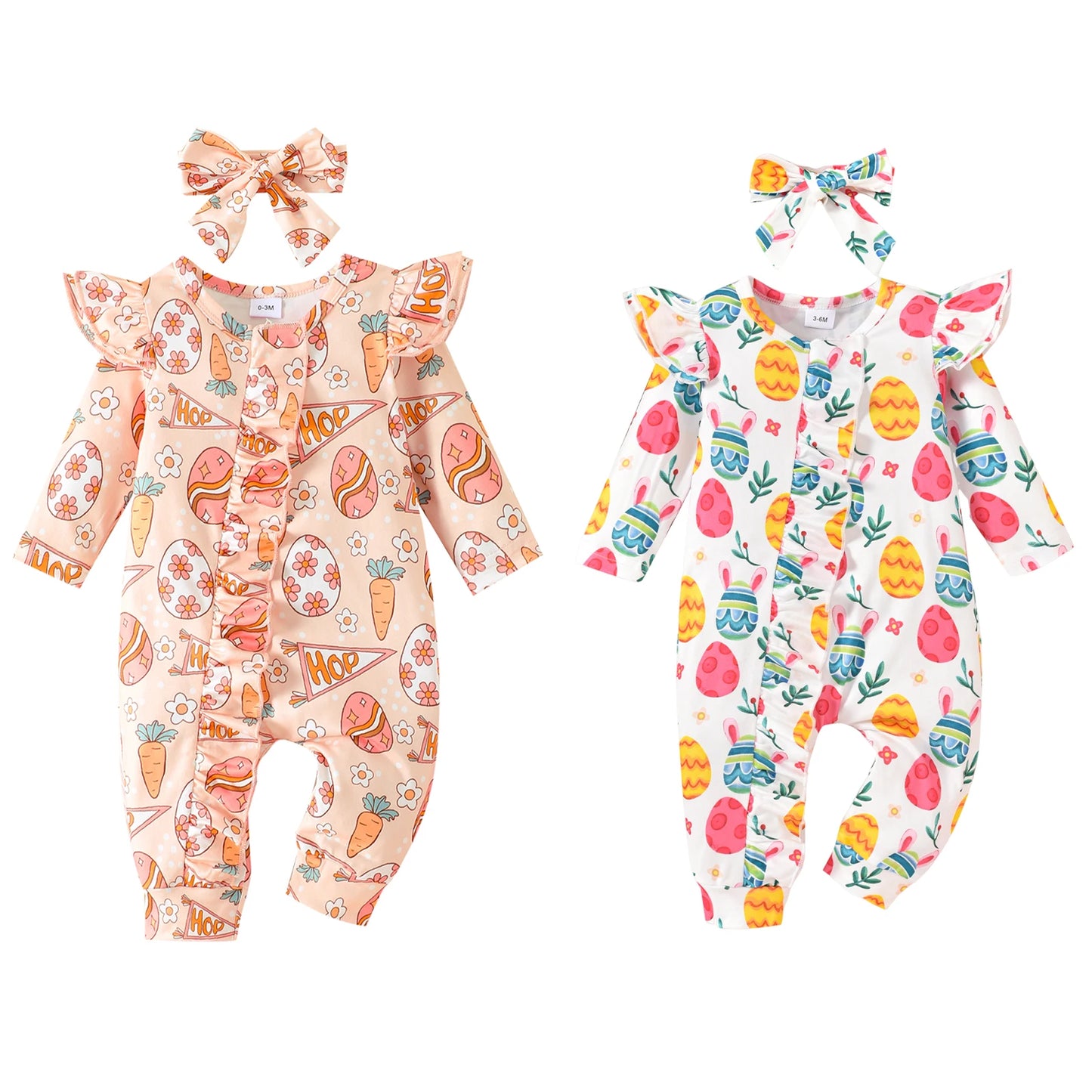 Newborn Baby Easter Jumpsuit - Long Sleeve Rabbit Egg Print Romper with Headband