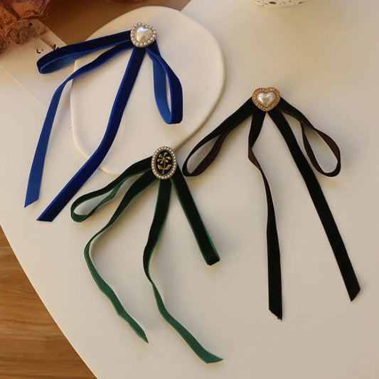 Anime Style Velvet Bow Pearl Brooch - Sweet Academic Pin for Girls