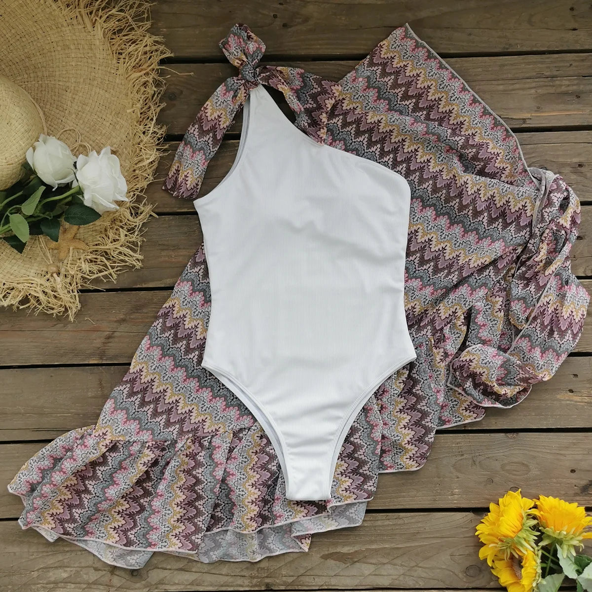 One Shoulder Ruffle Skirt Swimsuit - Women's A-Line Beach Swimwear