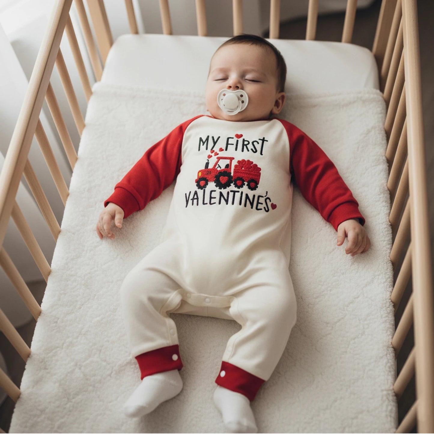 Newborn Baby Boys Valentine's Romper - Love Heart Tractor Embroidery