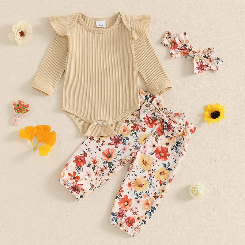 0-18M Baby Girls Fall Clothes Sets 3pcs Long Sleeve Ribbed Romper and Bow Front Pants and Headband