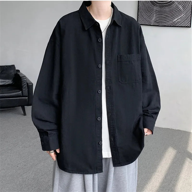 Men's Cotton Casual Spring Autumn Long Sleeve Canvas Loose Turn Down Collar Shirt