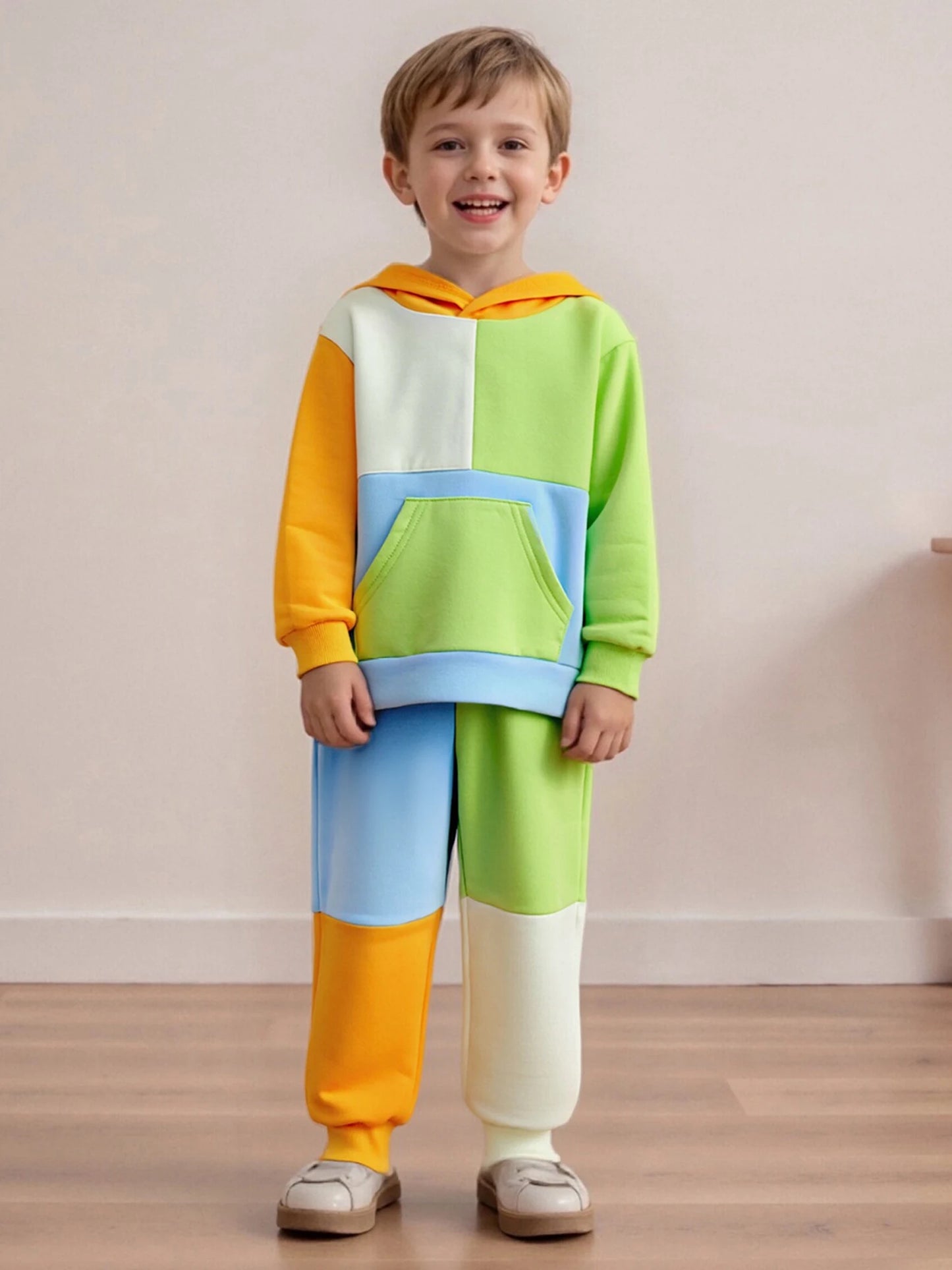 Kids Patchwork Hoodie and Pants Set - Casual Long Sleeve 2-Piece Outfit for Autumn Winter