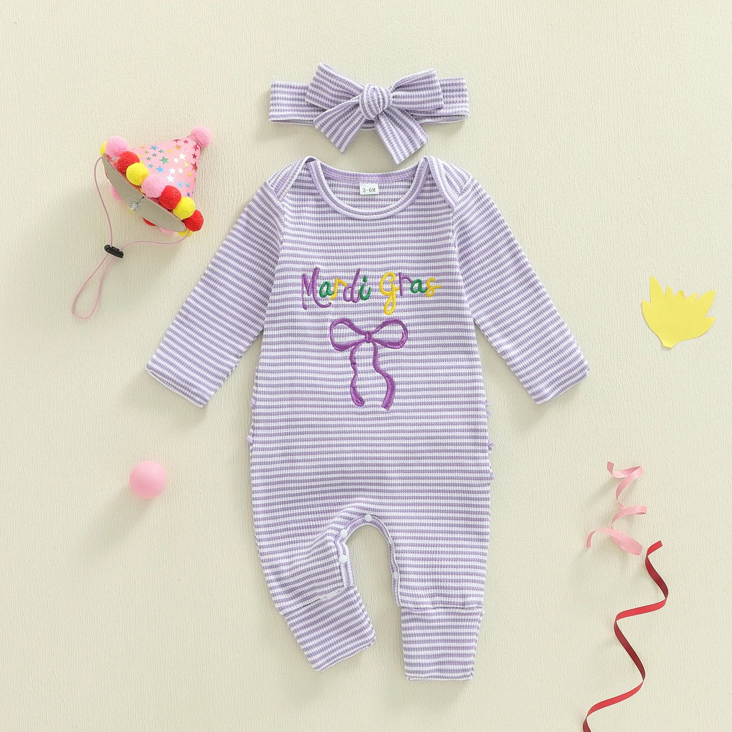Newborn Baby Romper with Headband - Bow Letter Embroidery Stripe Long Sleeve Jumpsuit