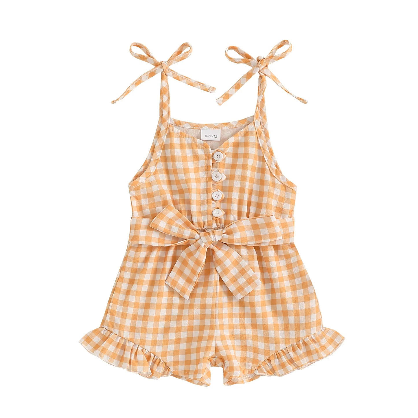 1-5Y Kids Girls Summer Jumpsuit Plaid Print Sleeveless Button Up Ruffle Trim Overalls with Belt