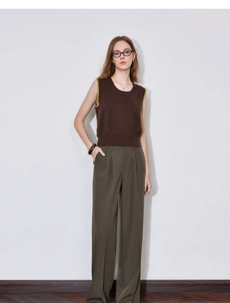 Women's High Waist Straight Leg Suit Trousers with Pockets | Brown