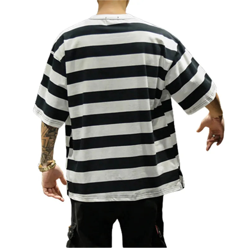 Men's Cotton Short Sleeve Striped Loose Casual Round Neck T-Shirt