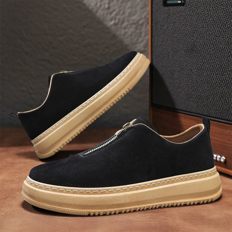 Men's Suede Leather Platform Work Shoes - Zipper Casual Business Sneakers