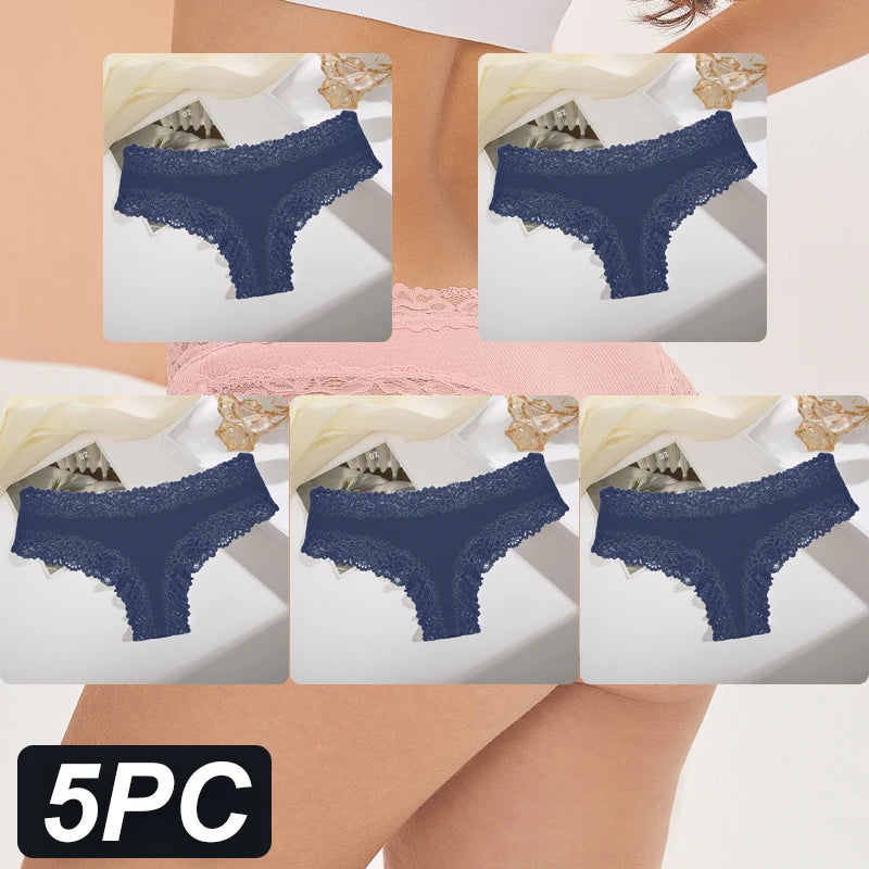 5PCS Women Cotton Lace Underwear Low Waist Briefs Breathable G-String Lingerie