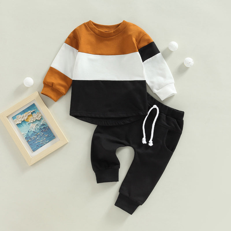 0-4Y Autumn Casual Kids Boys Clothes Sets 2pcs Patchwork Long Sleeve Pullover Sweatshirt Top Pant