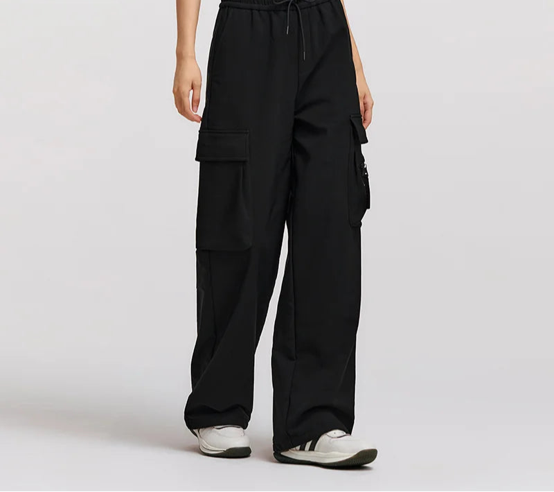 Winter Women's Fleece Wide Leg Pants - Black Cargo Streetwear Casual