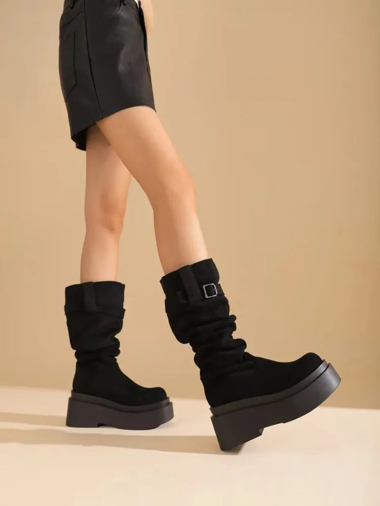 Women's Suede  Round Toe Knee High Buckle Pleats Boots