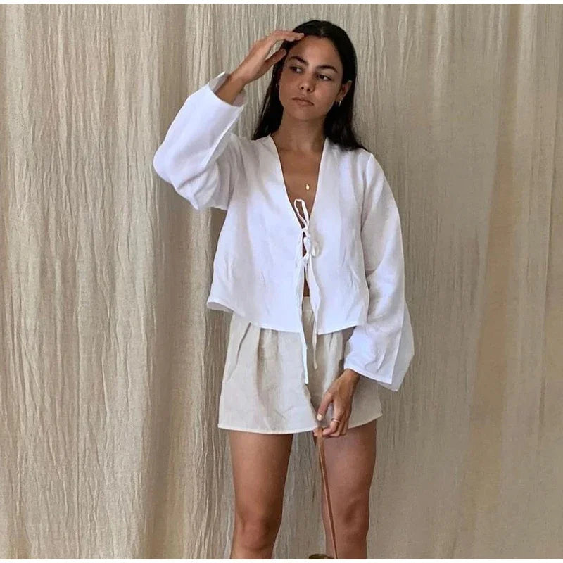 Summer White Lace Up Shirt - Women‘s Elegant Loose Long Sleeve V-neck Blouse