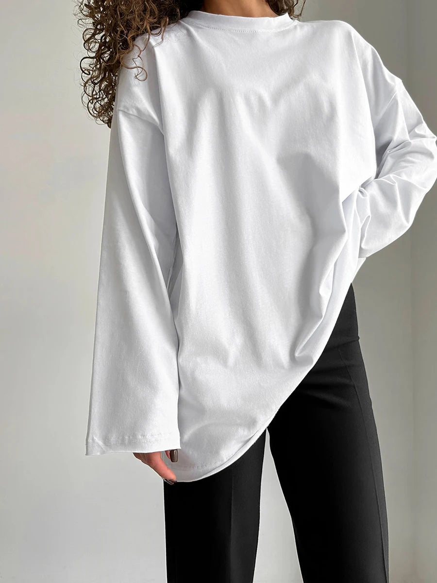 Women's 100% Cotton Bottoming Long Sleeve Loose T- Shirt