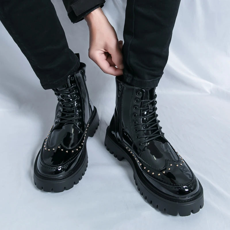 Platform Leather Boots - Men's Motorcycle Style Thick Sole Dress Sneakers