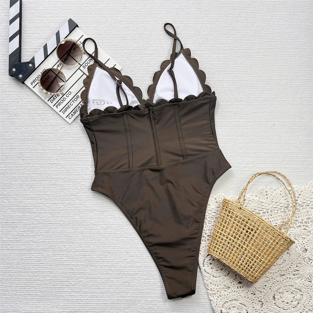 Women's V Neck High Leg Cut Backless Swimwear One Piece Swimsuit