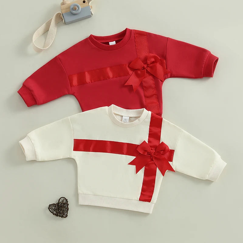 0-3Y Valentines Days Baby Girls Spring Sweatshirt T Shirts 3D Bow Present Box Patchwork Long Sleeve Pullover Loose Top