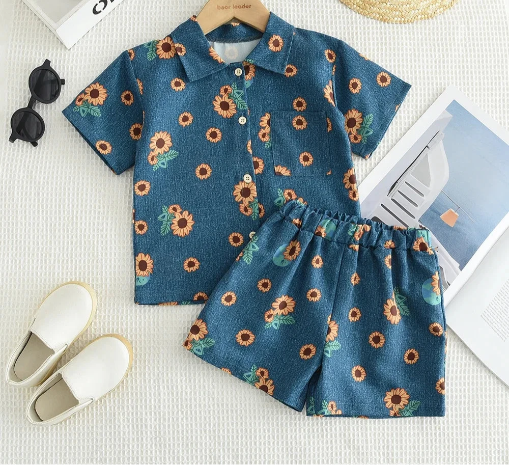 Children's Blue Denim Set with Sunflower Printed Collar Shirt and Shorts 2-piece Set