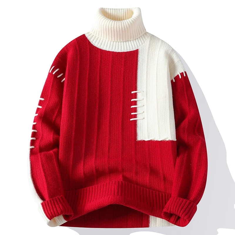 Men's Turtleneck Patchwork Casual Knit Pullover Loose Knitted Sweater