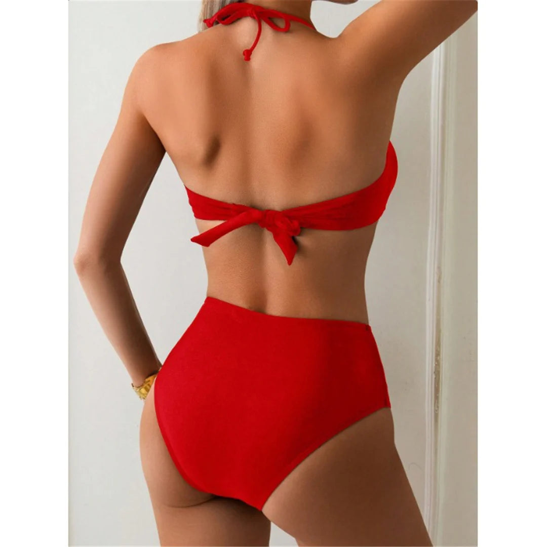 Women's Metal Ring Halter Swimsuit High Waist Bikini  Swimwear Two-pieces Bikini set