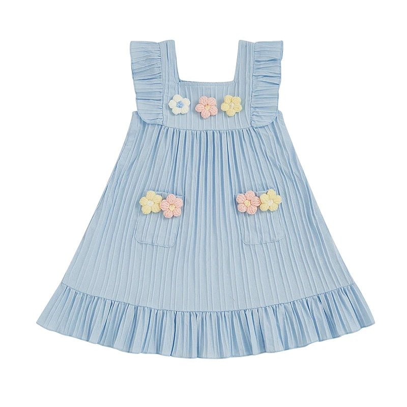 0-5Y  Kids Girls Dress Flower Embroidery Fly Sleeve Ruffles Hem Casual Summer A-Line Dress