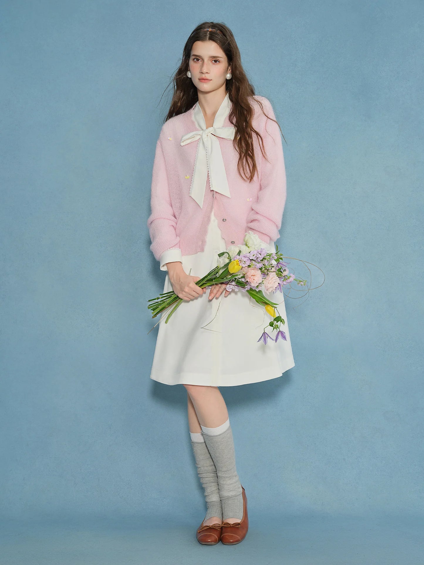 Plus Size Bow Lace Draped Collar Blouse Dress - White Cocktail Dress