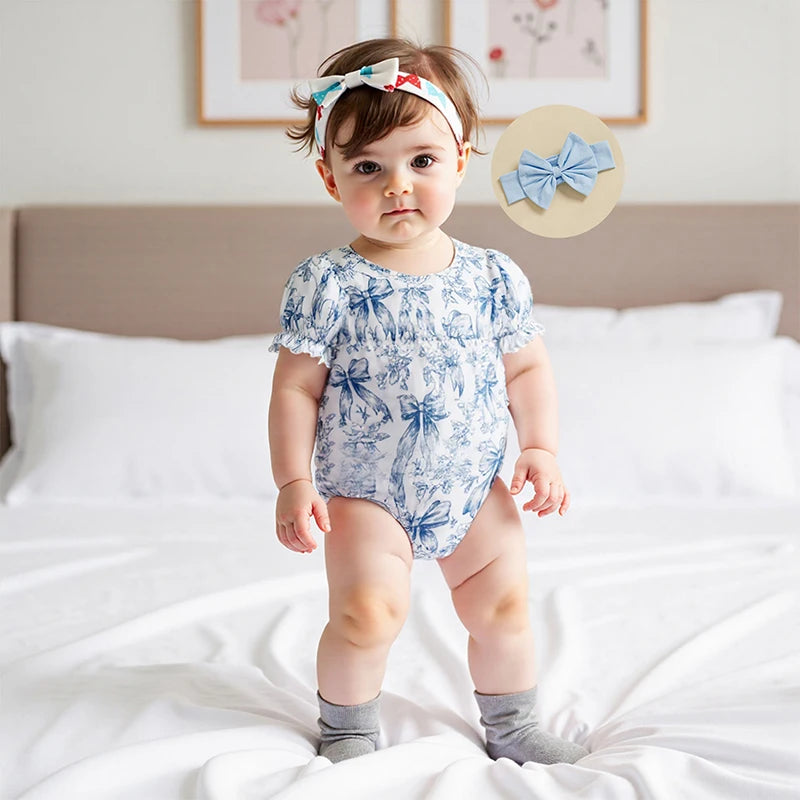 Baby Girls Bow Print Romper with Headband Set (0-18M)