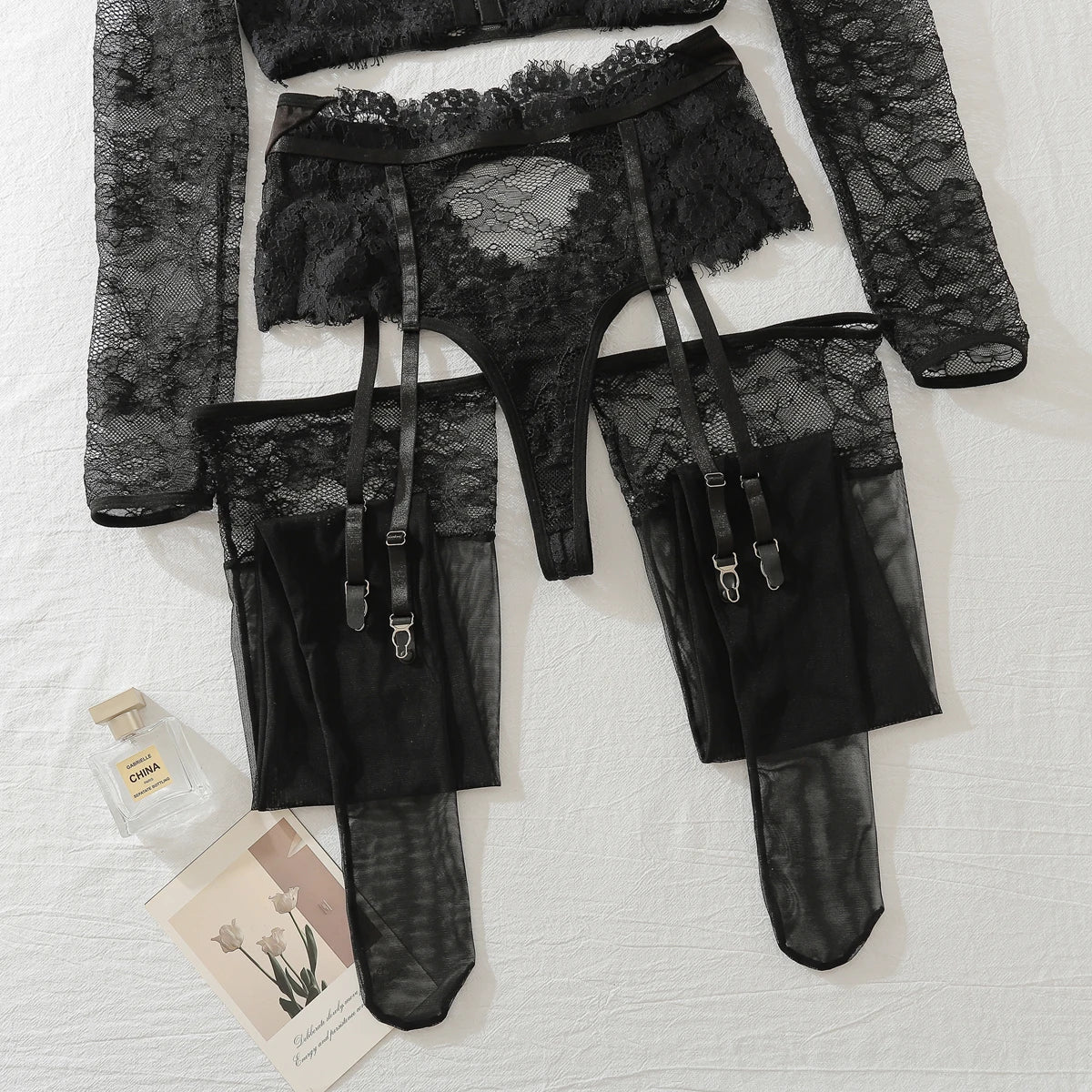 Women's Long Sleeve Lace Stockings  Lingerie Set Outfit