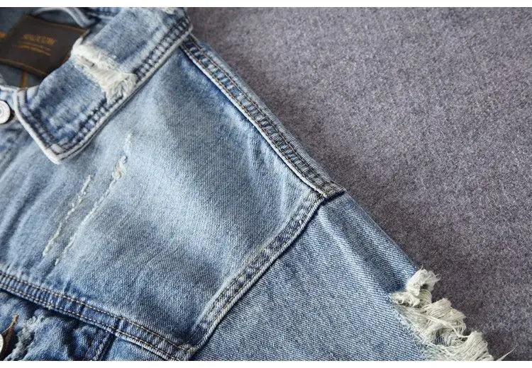 Men's Embroidered Denim Jacket - Retro Ripped Street Style