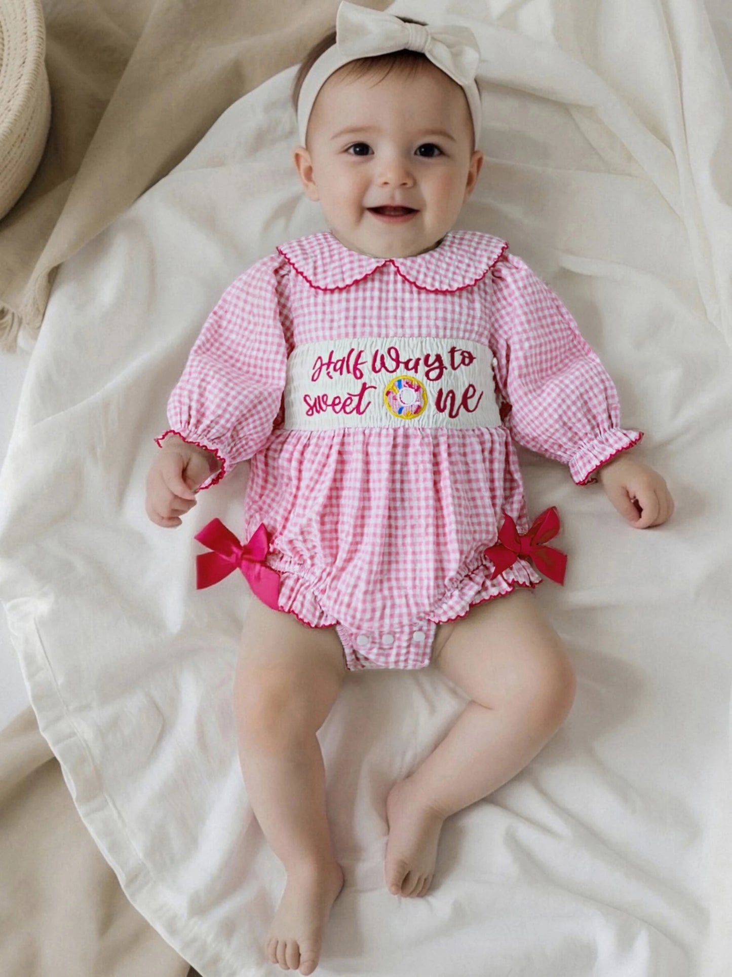 Newborn Baby Girls' Plaid Bubble Romper - Letter Embroidery Doll Collar Smocked Jumpsuit