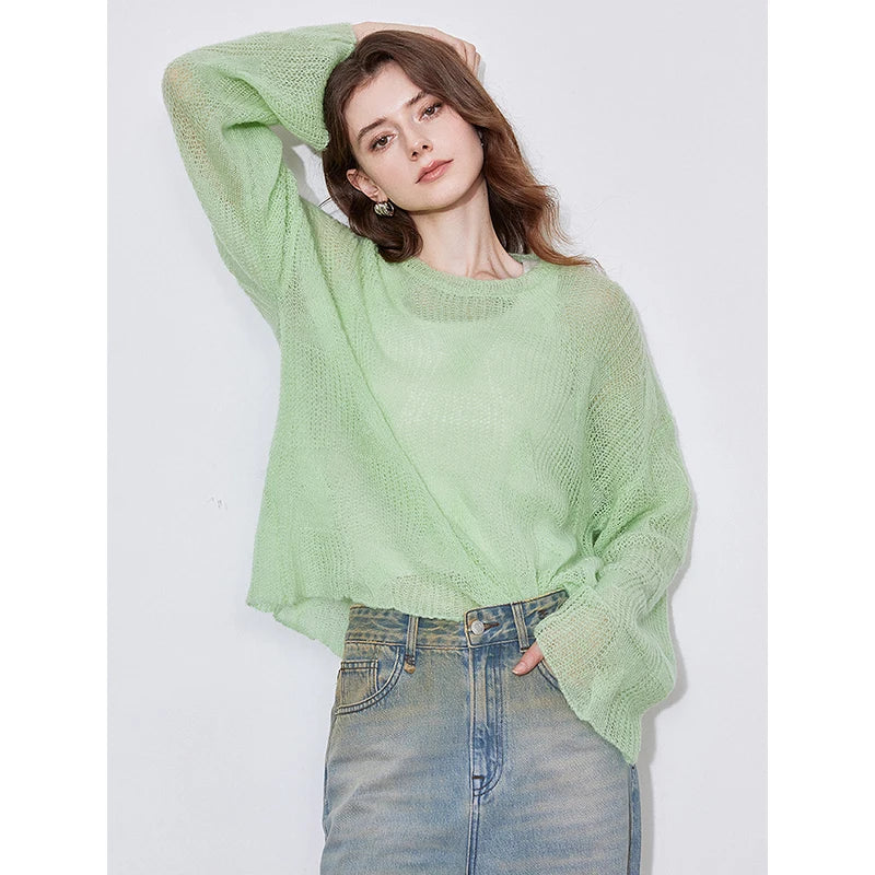 Women's Knitted Thin Hairy Soft Glutinous Green Grass Pullover Sweater