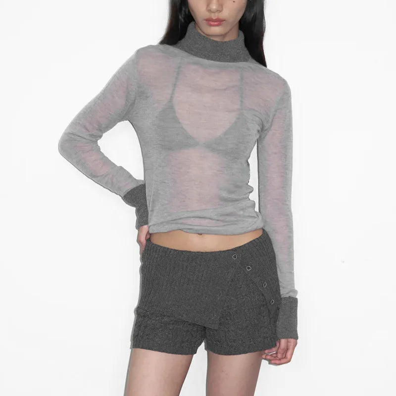 Women's Turtleneck See Through Long Sleeve Chic Elegant Knit Top