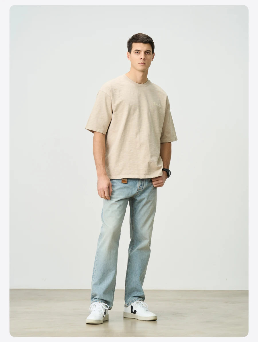 Heavyweight 300gsm Slub Cotton Oversized T-Shirt with Letter Embroidery