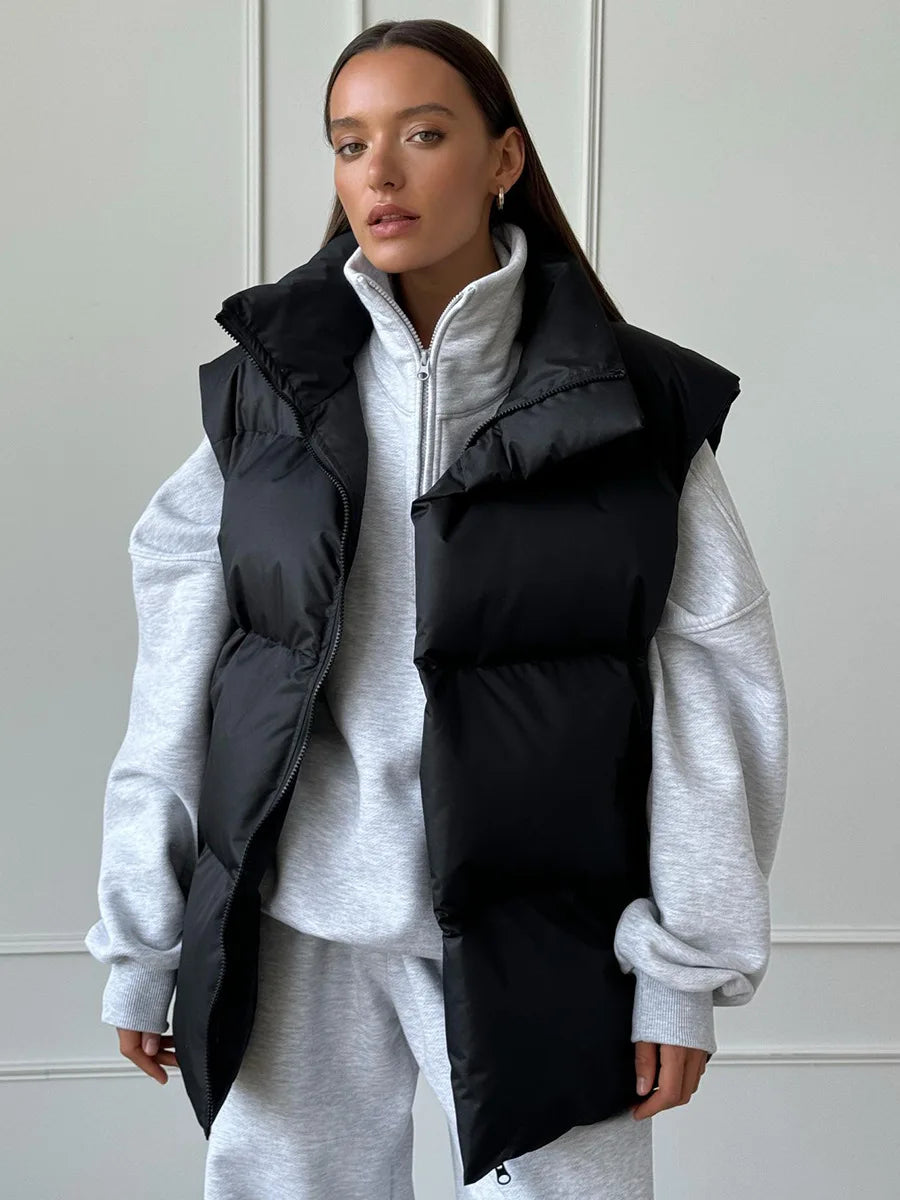 Women's Cotton-Padded Vest Jacket: Loose Casual Sports Coat for Autumn Winter Eye-Catching Solid Sleeveless Parka