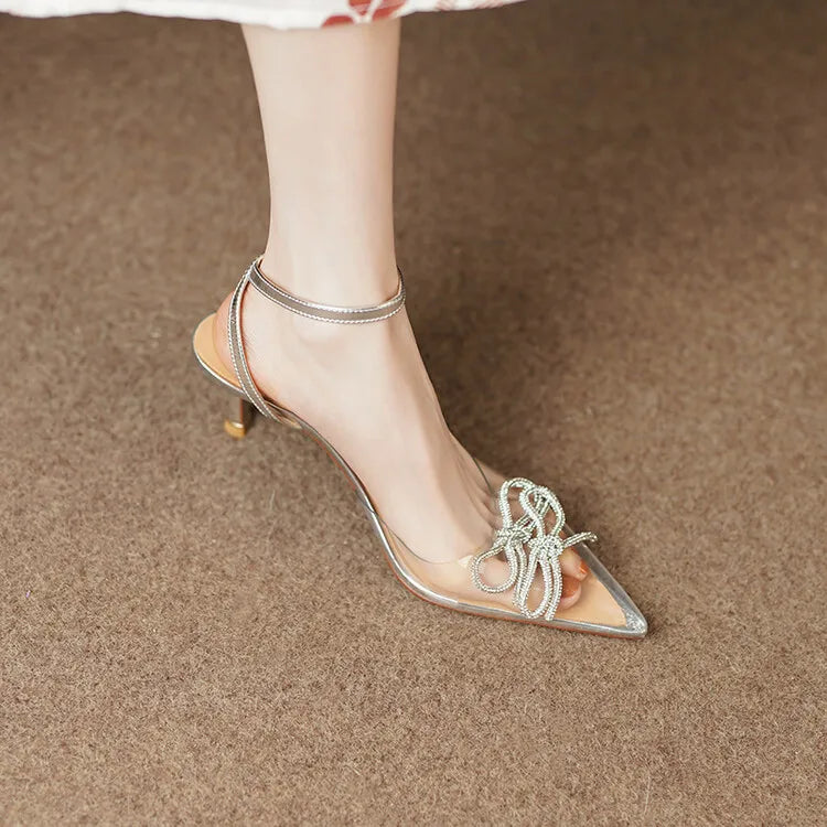 Women's Pointed Toe Rhinestone Wedding Sandals - Bowknot Pendant Pumps