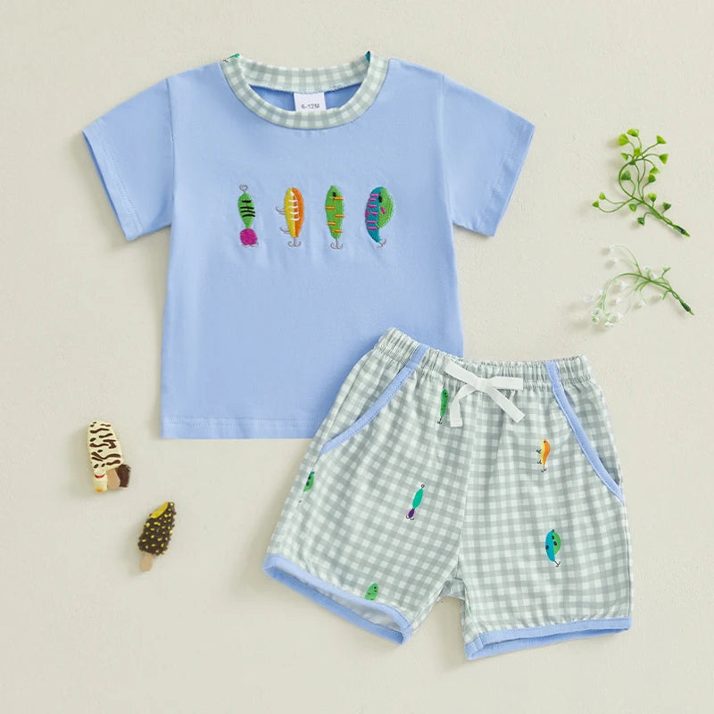 0-4Y Casual Kids Boys Summer Clothes Sets Short Sleeve Fish Embroidery T Shirt and Plaid Drawstring Shorts Set
