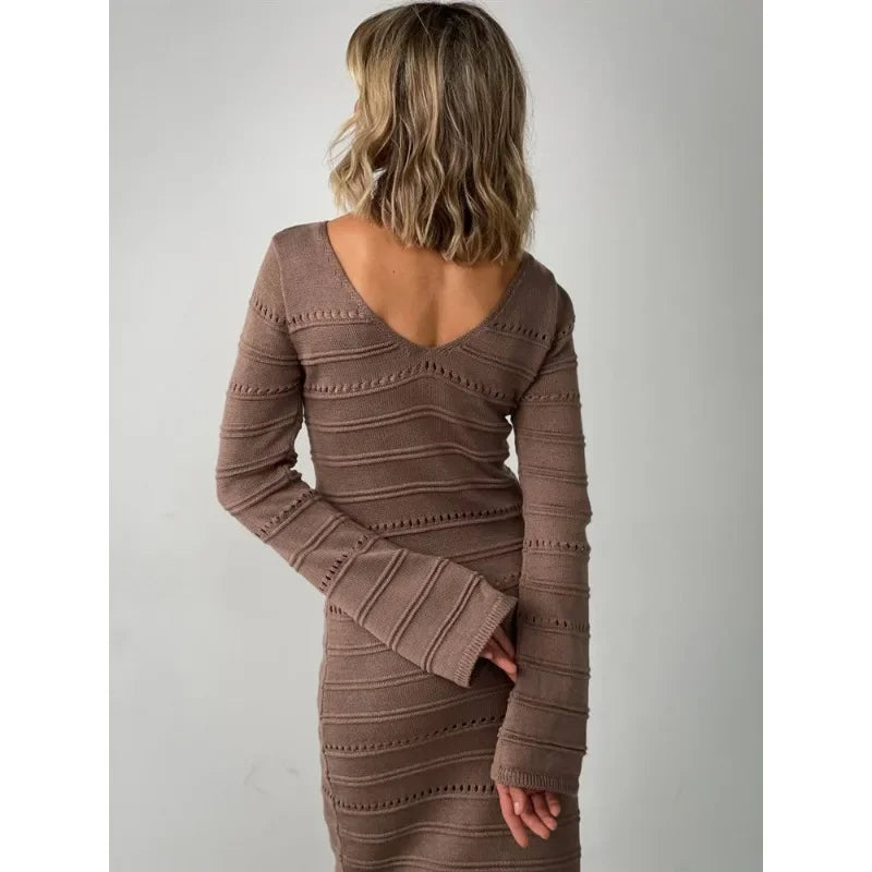 Women's Striped Hollow Two-Wear Knitted Long Dress  Sweater Dress