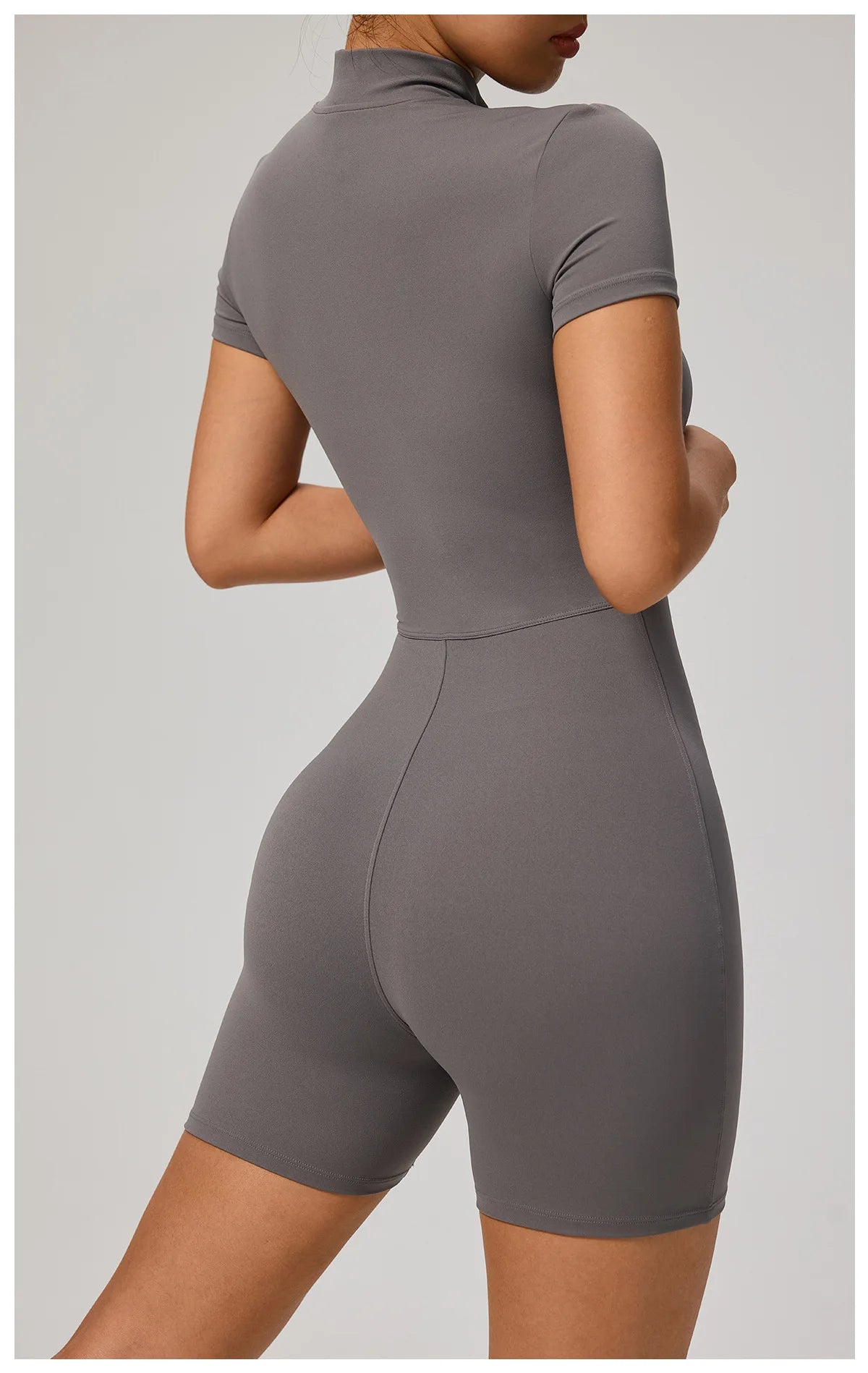 Zipper Front Jumpsuit - Short Sleeve Nylon Workout Set for Gym & Yoga