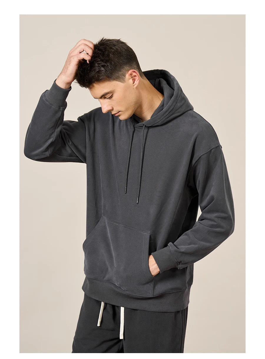 Men's Oversize 360g Fabric Washed Basic Pullover Sweatshirt Hoodie