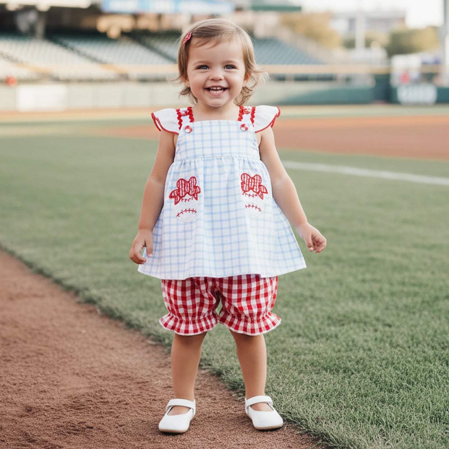 Toddler Girls 2-Piece Outfit Set - Plaid Baseball Embroidery Top & Shorts