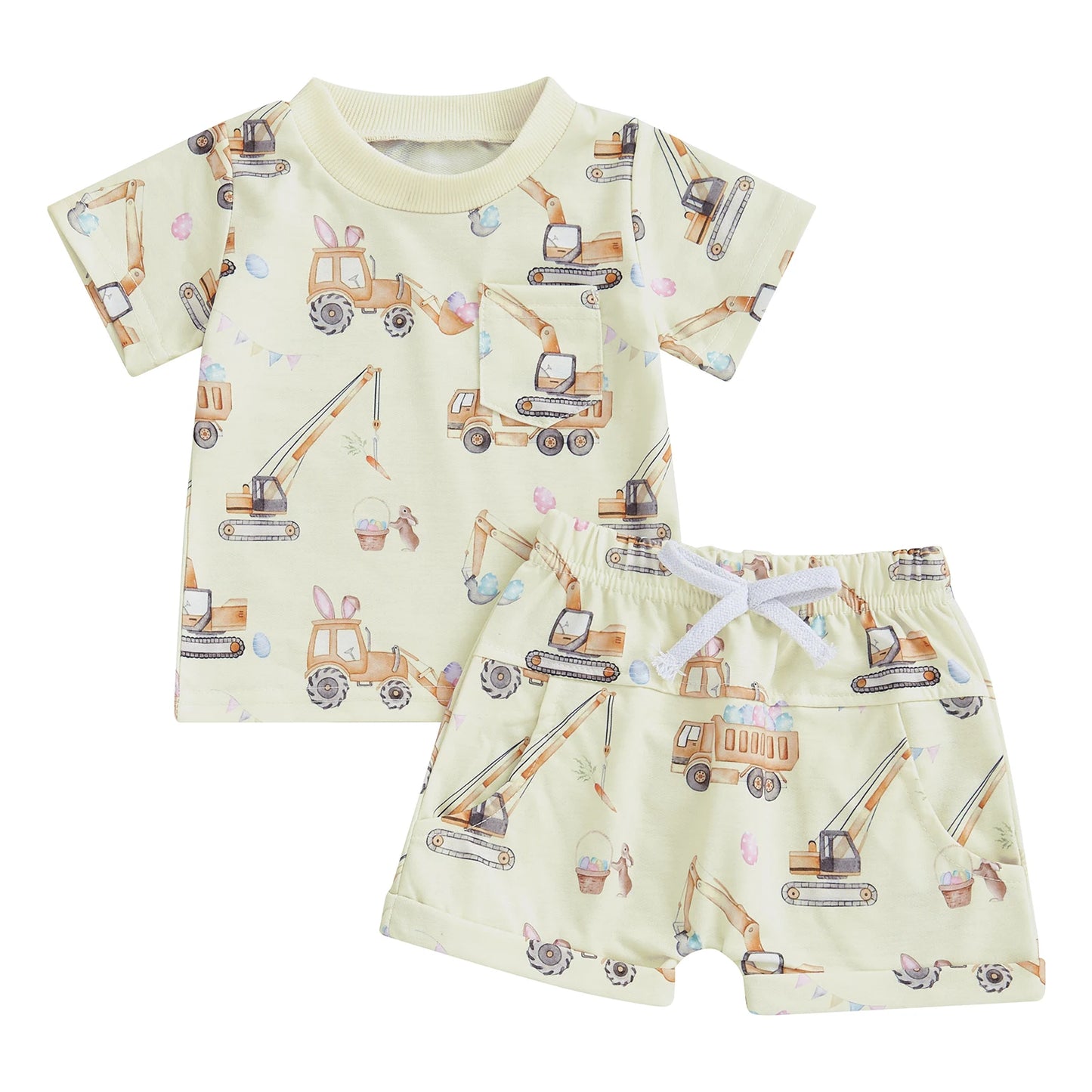 Boys' Excavator Print Summer Outfit Set - Short Sleeve Top with Elastic Waist Shorts