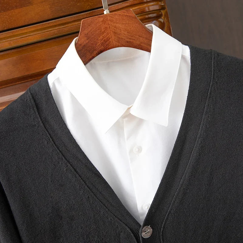 Men's V-Neck Cardigan Sweater - Business Casual Solid Color