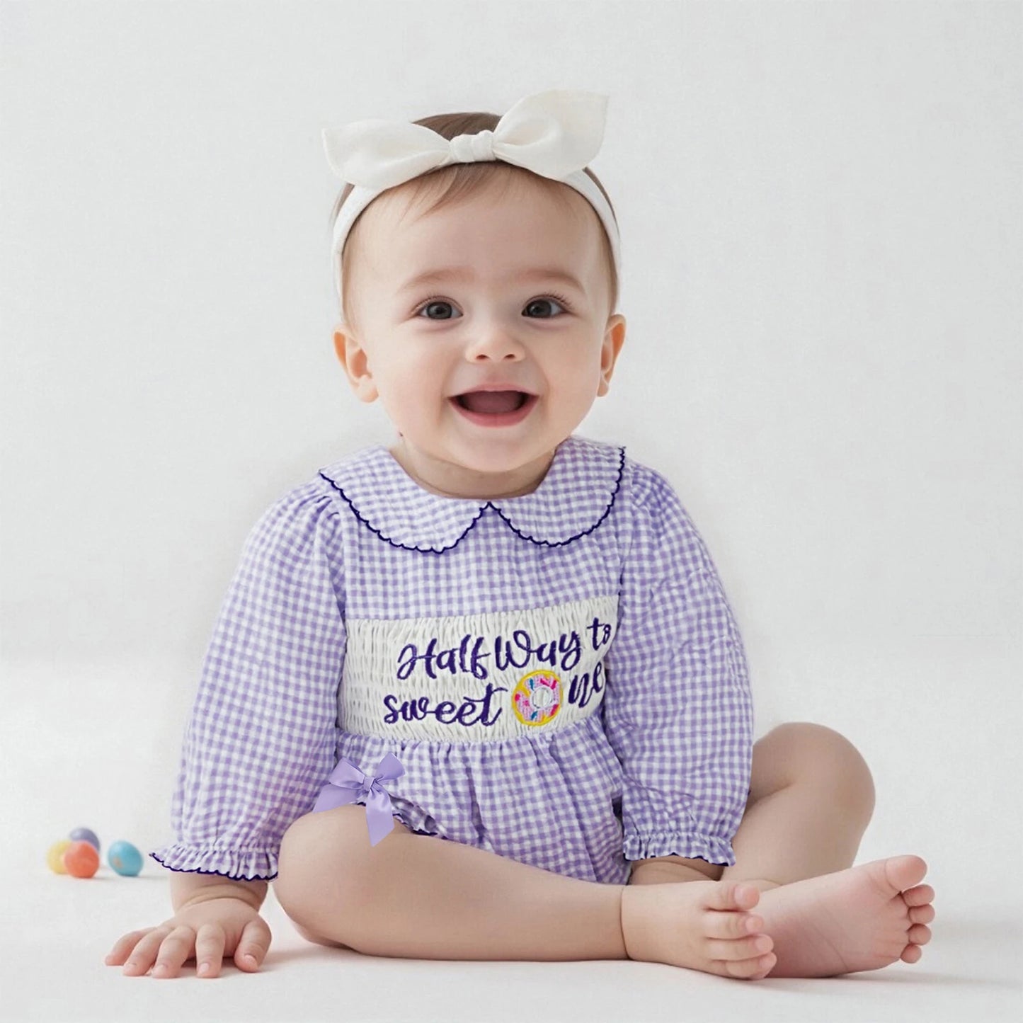 Newborn Baby Girls' Plaid Bubble Romper - Letter Embroidery Doll Collar Smocked Jumpsuit