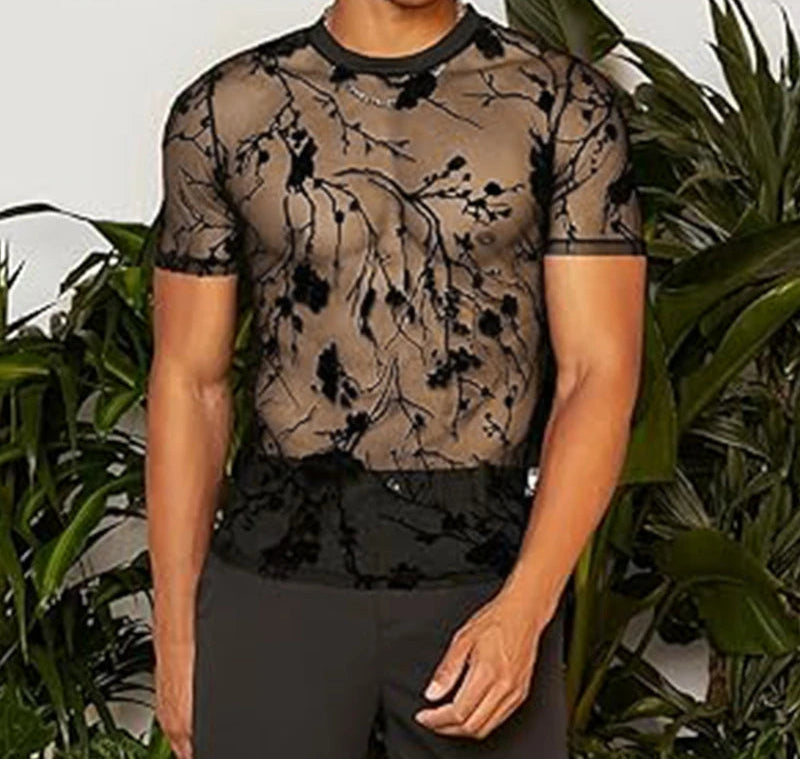 Men's Mesh Striped Round Neck Short Sleeve Transparent T-Shirt