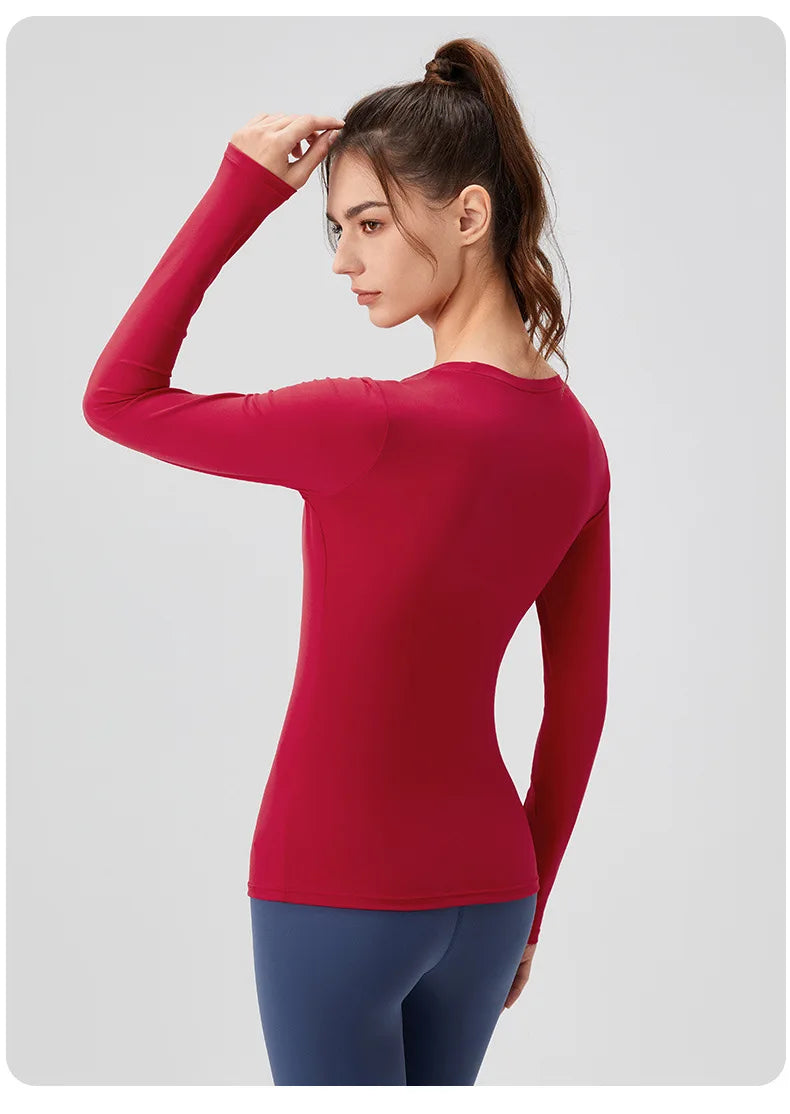 Women's Long Sleeve Yoga Shirt Solid Color Slim Fit Gym Running Top Breathable Quick Dry Workout Shirt Female Sportswear Fitness Top