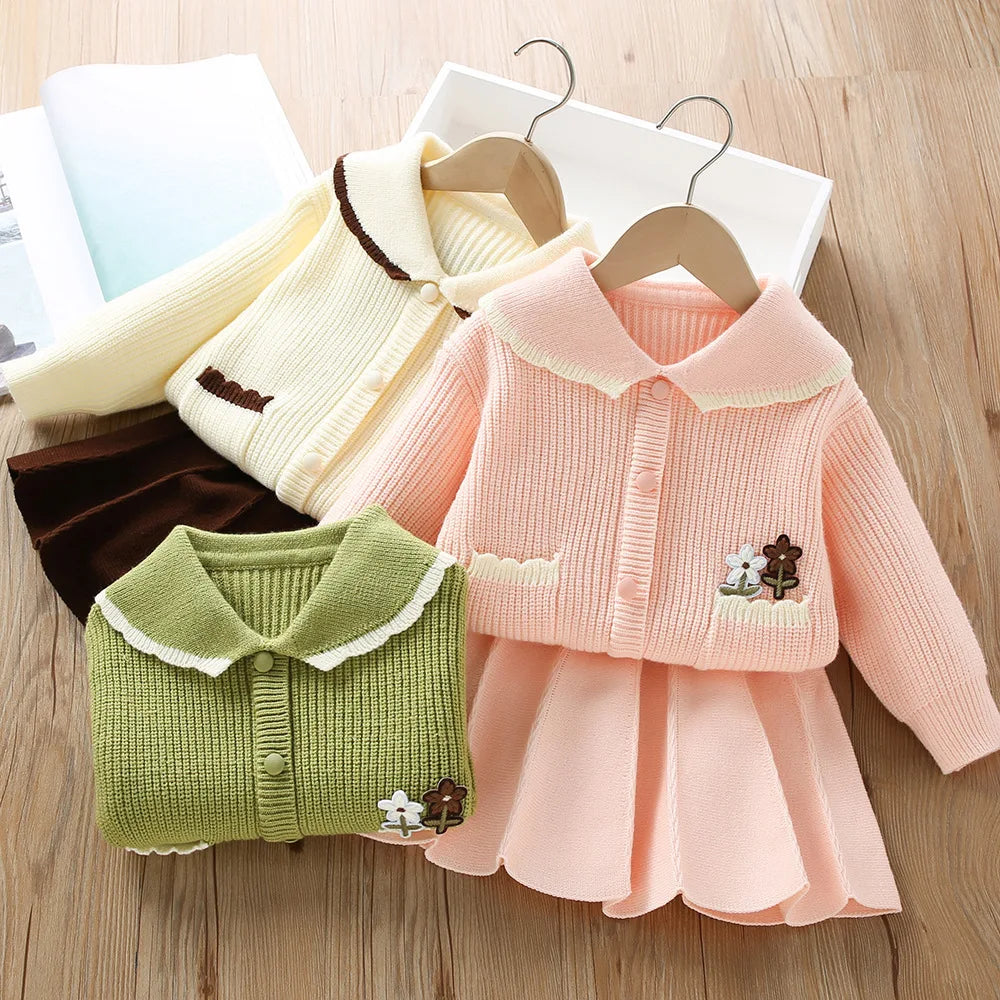 Girl's Clothes Collar Embroidery Flower Knit Cardigan Sweater and Short Skirt Two-piece Set