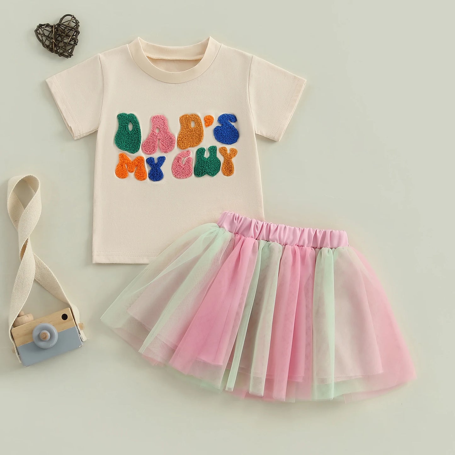 0-5Y Toddler Kids Girls Summer Clothes Sets Letter Embroidery Short Sleeve T-Shirt and Elastic Tulle Skirt